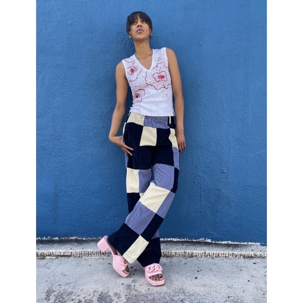 Urban Outfitters Straight Fit Corduroy Patchwork Beach Pant In Blue Small Y2K